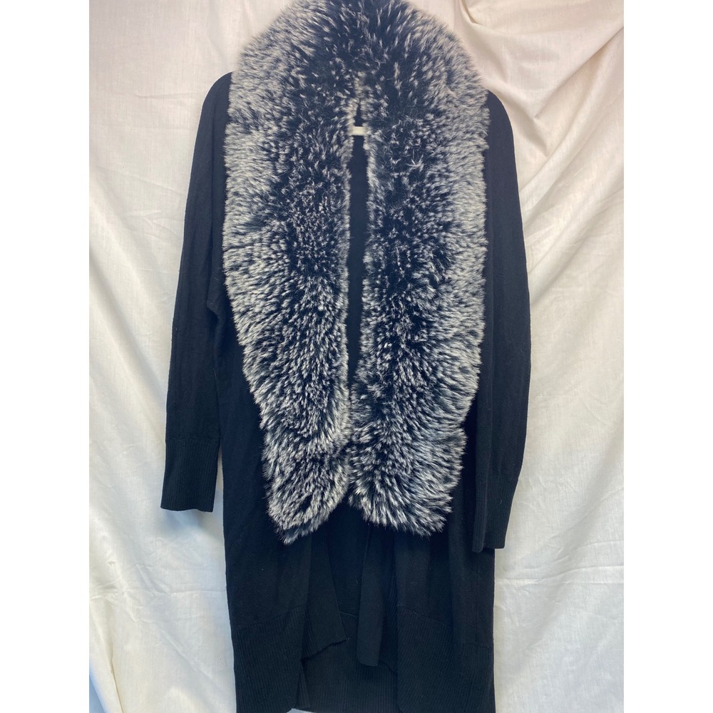 Sioni Womens Black Longline Cardigan Sweater Faux Fur Collar Wool Blend Medium